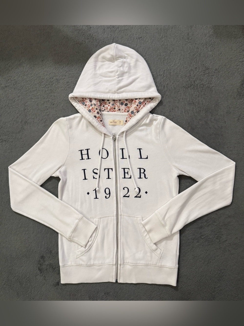 Hollister 1922 White Floral-Lined Zip-Up Hoodie M